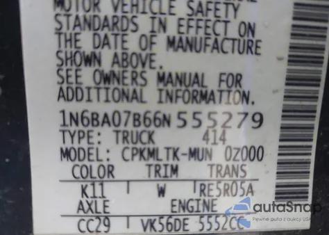 2006 Nissan Titan Se из США, поврежденный, VIN 1N6BA07B66N555279